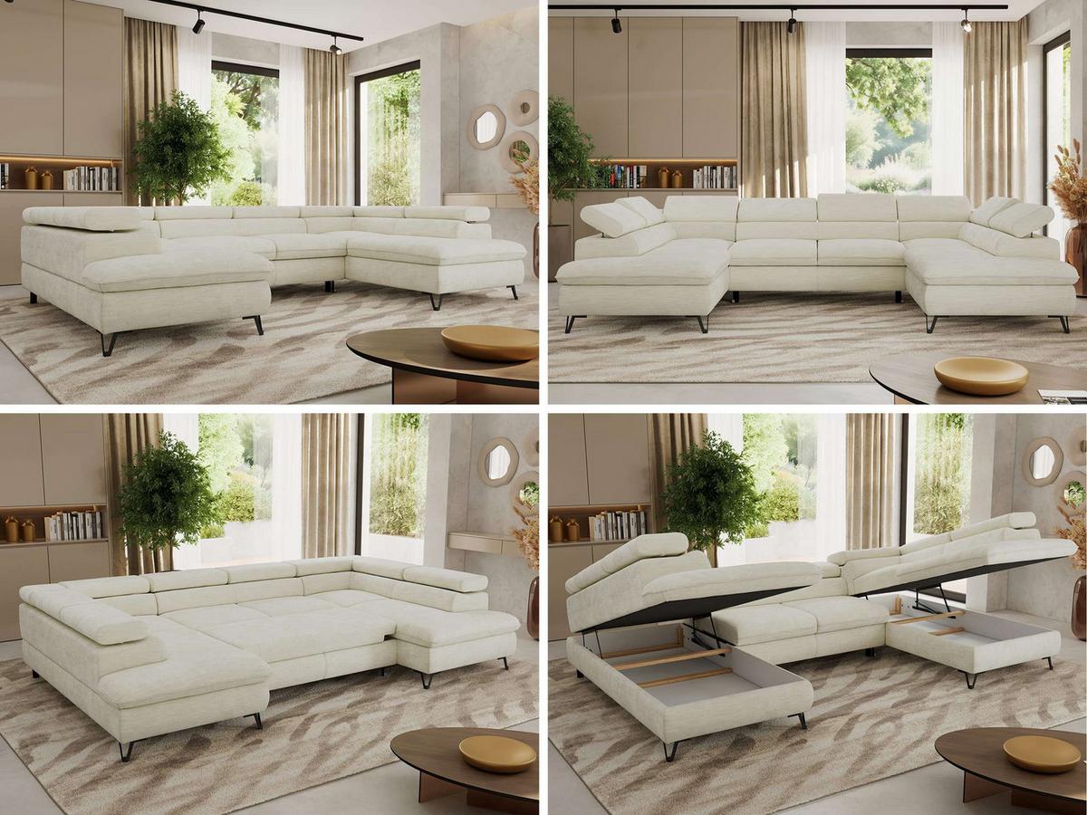 WOHNLANDSCHAFT PABLO U Schenille glatt Creme - Creme/Schwarz, Textil/Metall (346/76/208cm) - MKS