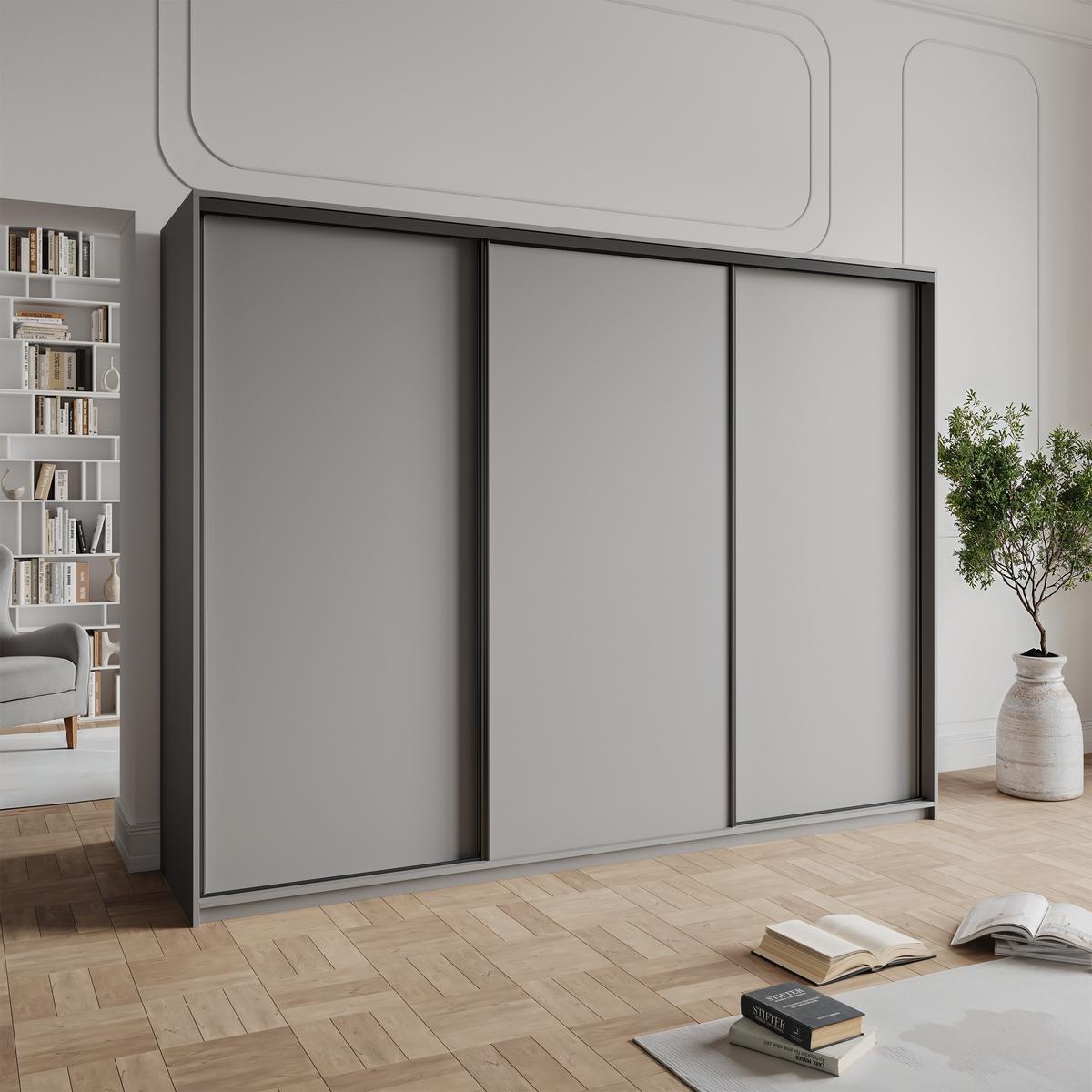SCHWEBETÜRENSCHRANK NISSE 250/205/60 cm 3-türig mit Schubladen Graphitfarben - Graphitfarben/Schwarz, Holzwerkstoff (250/205/60cm) - MASSENO