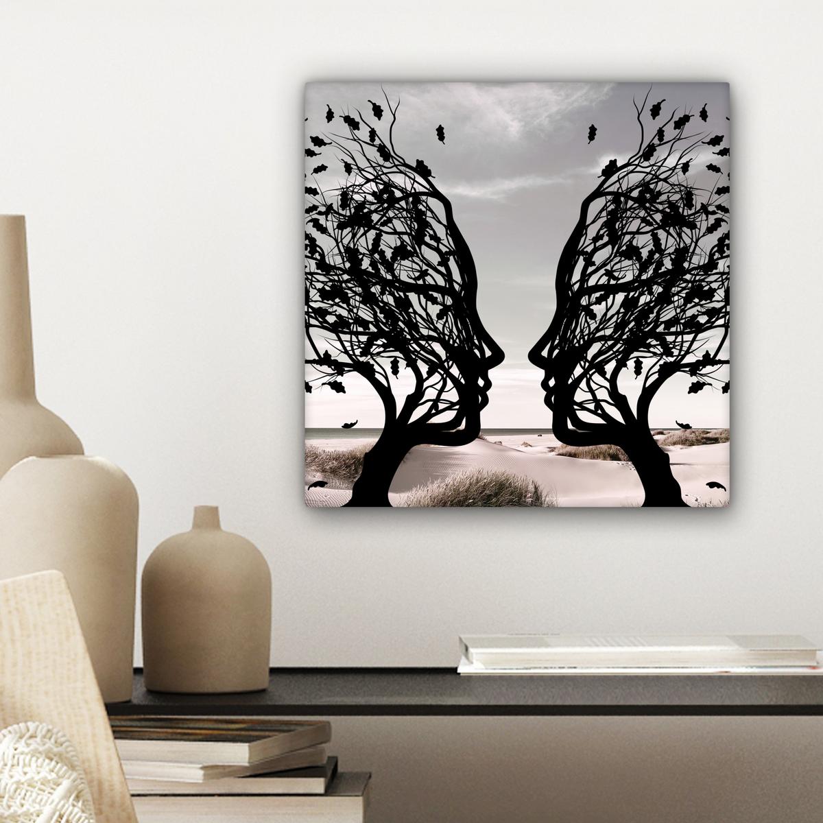 LEINWANDBILD Strand - Meer - Menschen - Baum - Moderne Kunst Deko Wohnzimmer 20x20 cm - Hellgrau, Textil (20/20cm) - MuchoWow