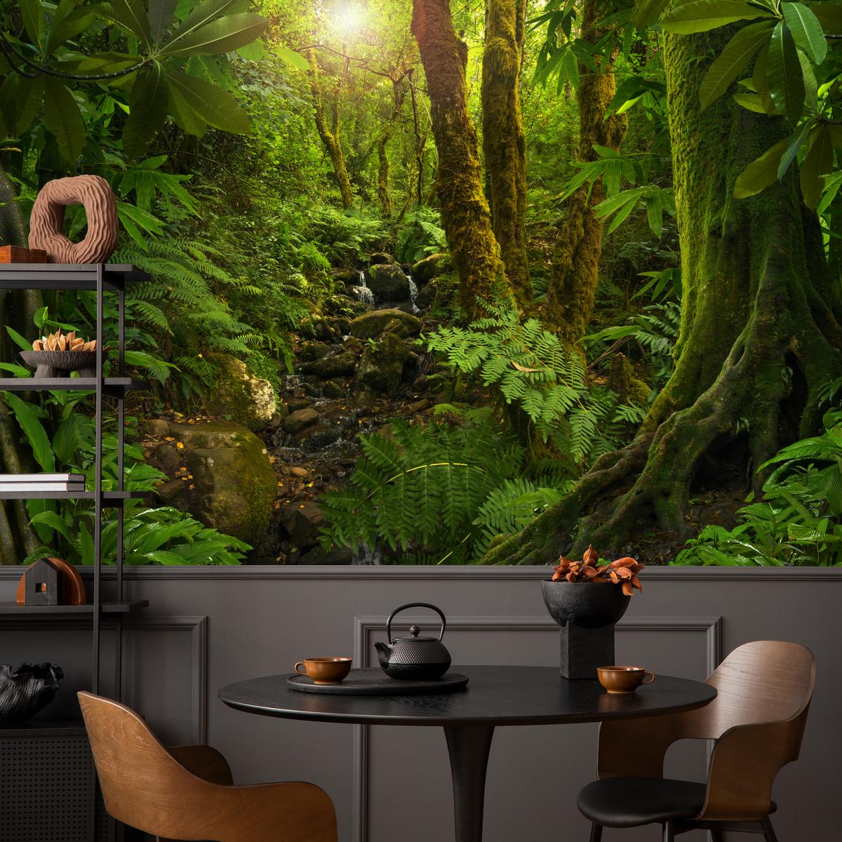 FOTOTAPETE für Wohnzimmer Wilder Dschungel Exotische Bäume Blätter 450x315 - Gelb/Braun, Papier (450/315cm) - Muralo