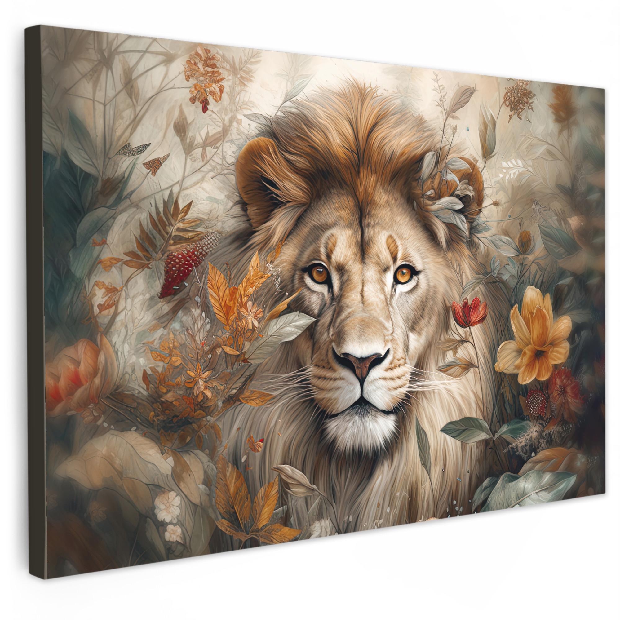 LEINWANDBILD Löwe - Wildtiere - Pflanzen - Natur - Blumen XXL 150x100 cm - Beige, Textil (150/100cm) - MuchoWow