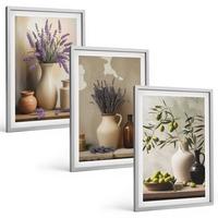 BILDER SET 3er Set - 40x60 cm Silberner Rahmen - Blumen in Vasen, Oliven, Dekorationen - Silberfarben, Kunststoff (40/60cm) - TULUP