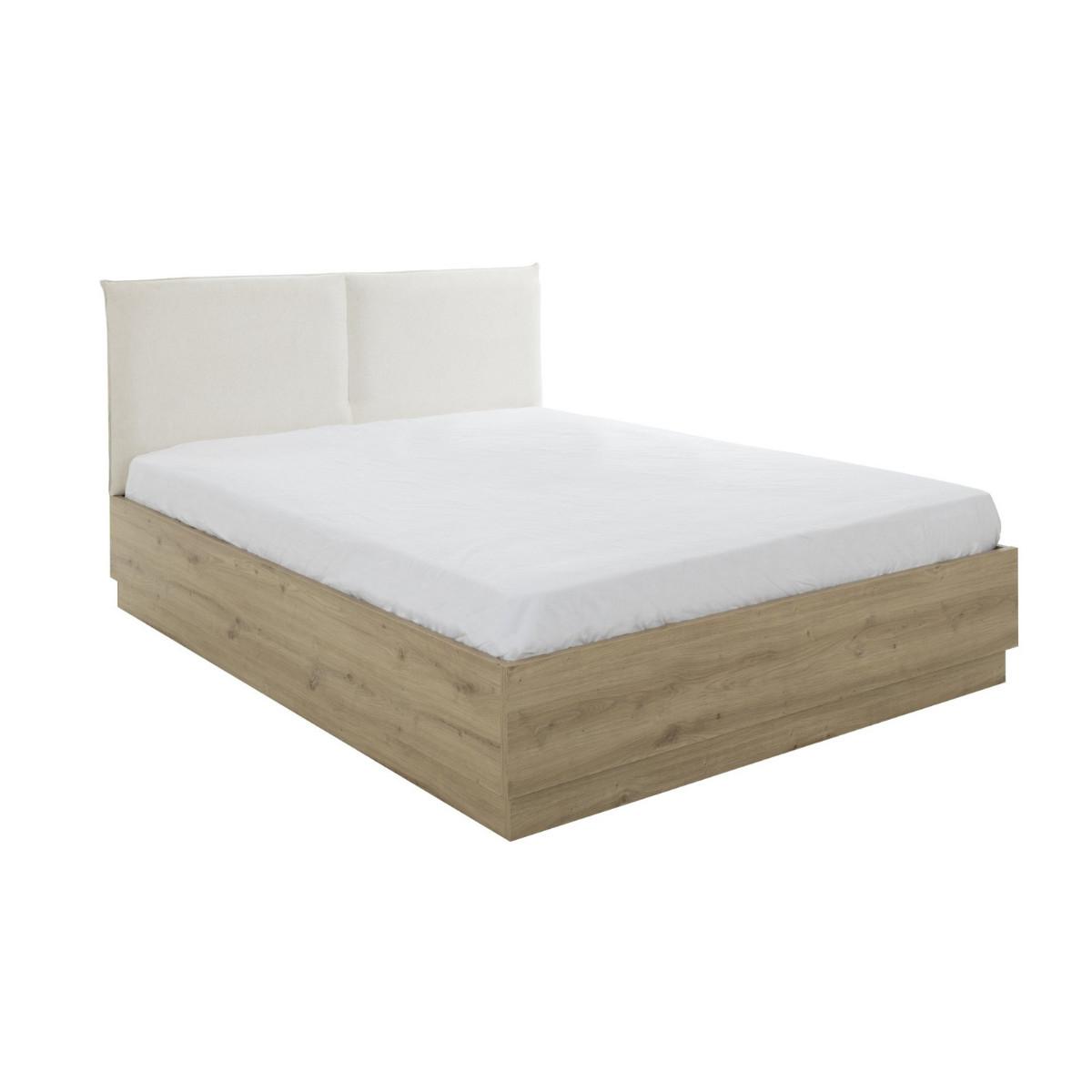 BETTKASTEN mit Kopfteil aus beigefarbenem Stoff 140 x 190 cm Dekor Eiche TIDY 145/196/101 cm - Eschefarben, Holzwerkstoff (190/140cm) - Calicosy