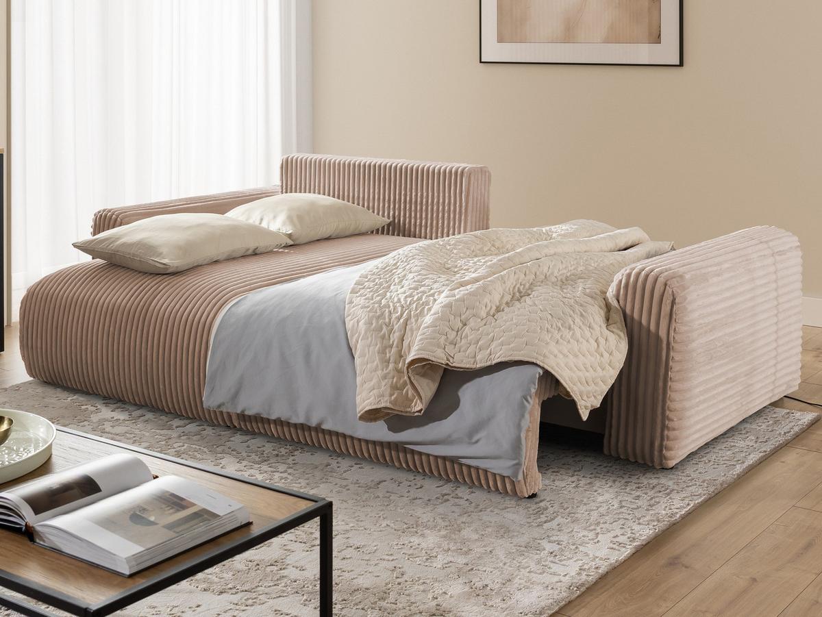 ECKSOFA Calma mit Schlaffunktion und Bettkasten im Bumpy-Design aus weichem Beige Plüschcord - Ottomane links - Beige/Schwarz, Holz/Kunststoff (239/140cm) - S-Style