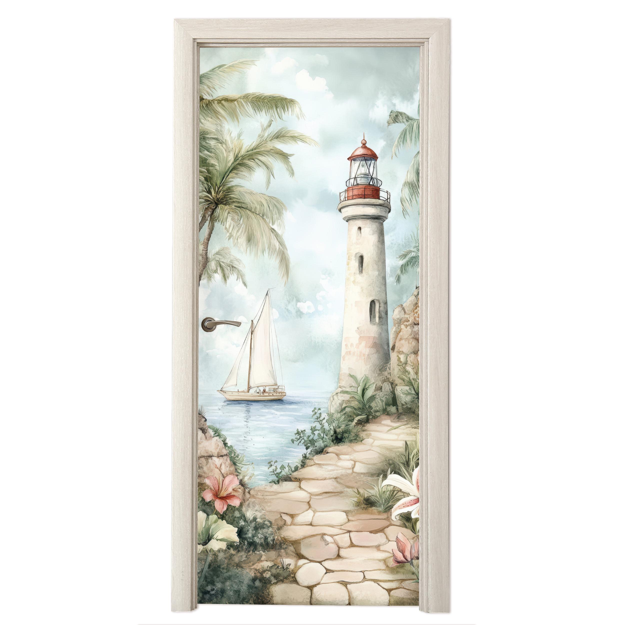 TÜRAUFKLEBER Leuchtturm - Natur - Landschaft - Boot Deko Wohnzimmer 95x235 cm - Türtapete - Eichefarben, Kunststoff (95/0.1cm) - MuchoWow