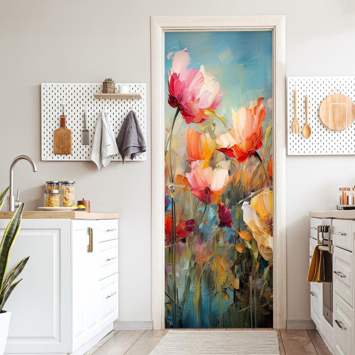 TÜRAUFKLEBER Selbstklebend - Blumen - Aquarell - Kunst - Botanisch - Natur 95x235 cm - Türtapete - Orange, Kunststoff (95/235cm) - MuchoWow