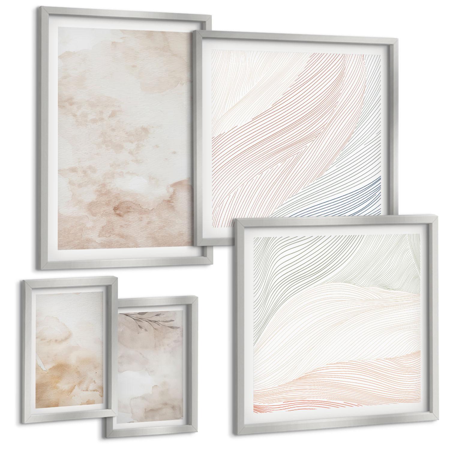 BILDER SET 5er Set - 50x50 cm & 20x30 cm & 40x60 cm Silberner Rahmen - Aquarellblätter in Pastellfarben - Silberfarben, Kunststoff (40/60cm) - TULUP