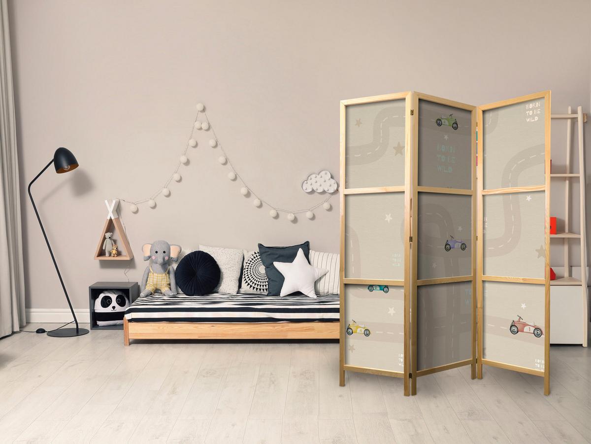 PARAVENT Japanischer 3-tlg 135x172 cm Retro Autos f r Kinder - Beige, Holz/Textil (135/172/3cm) - Muralo