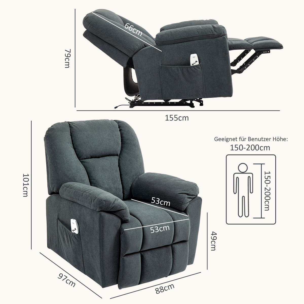 ELEKTRISCH Relaxsessel Fernsehsessel mit Liegefunktion Wärmefunktion Fußteil - Dunkelgrau/Schwarz, Textil/Metall (88/101/97cm) - HOMCOM
