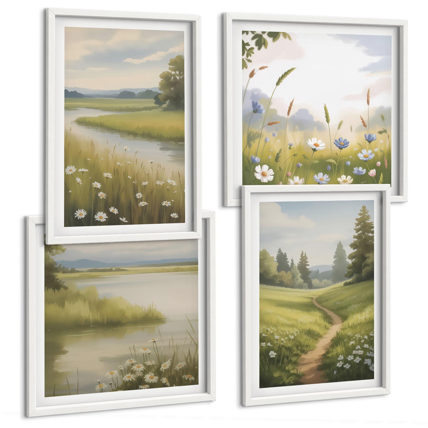 BILDER SET 4er Set - 50x50 cm & 40x60 cm Weißer Rahmen - Frühlingslandschaft Flusswiese - Weiß, Kunststoff (50/50cm) - TULUP