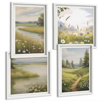 BILDER SET 4er Set - 50x50 cm & 40x60 cm Weißer Rahmen - Frühlingslandschaft Flusswiese - Weiß, Kunststoff (50/50cm) - TULUP