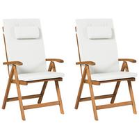 GARTENSTUHL 2er-Set und Sitzkissen Akazienholz Cremeweiß Java Premium - Hellbraun, Holz (54/105/69cm) - Beliani