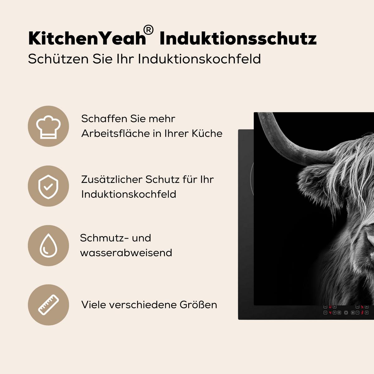 HERDABDECKPLATTE Schottischer Highlander - Hörner - Schwarz - Weiß - Kuh - Wild - Tiere Herdabdeckung Induktionsfeld 75x52 cm - Schwarz, Kunststoff (75/52/0.2cm) - MuchoWow