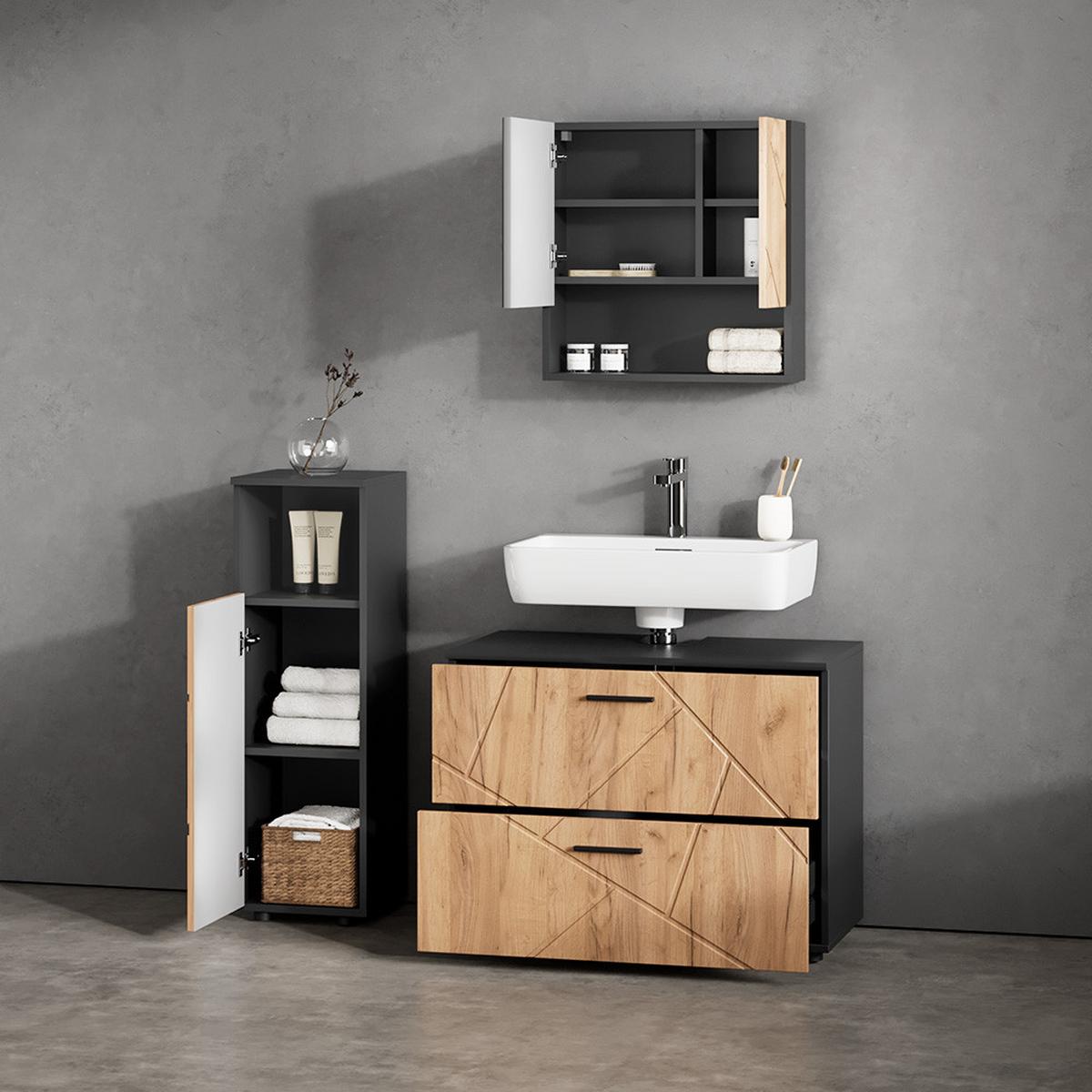 BADMÖBEL-SET Ronco Goldkraft Eiche/Anthrazit 3 Teile, mit Midischrank - Honigeiche/Anthrazit, Holzwerkstoff (54/55/41cm) - Livinity®