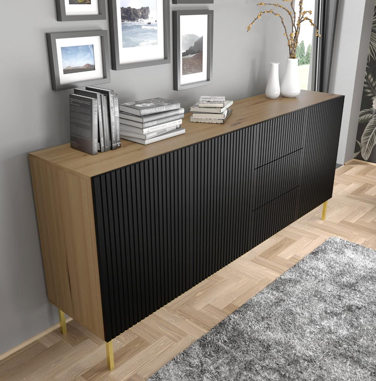 KOMMODE Artisan Eiche, Schwarz, Schwarz 200/87/42 - Schwarz, Holzwerkstoff (200/87/42cm) - RAUMHIRSCH FURNITURE