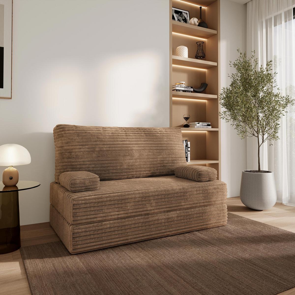BETTSOFA LADIA aus Schaumstoff Cordstoff Beige Schlaffunktion - Beige, Textil (140/86/60cm) - MASSENO