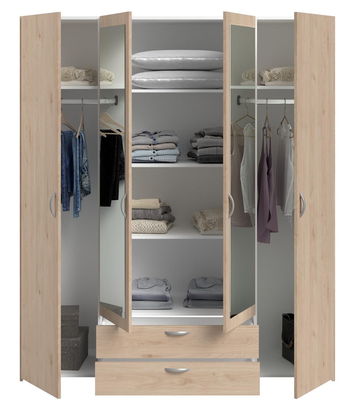 KLEIDERSCHRANK mit Spiegel Eiche 160 cm 4-türig Drehtürenschrank - Eichefarben/Silberfarben, Holzwerkstoff/Kunststoff (160/185/51cm) - Furn.Design