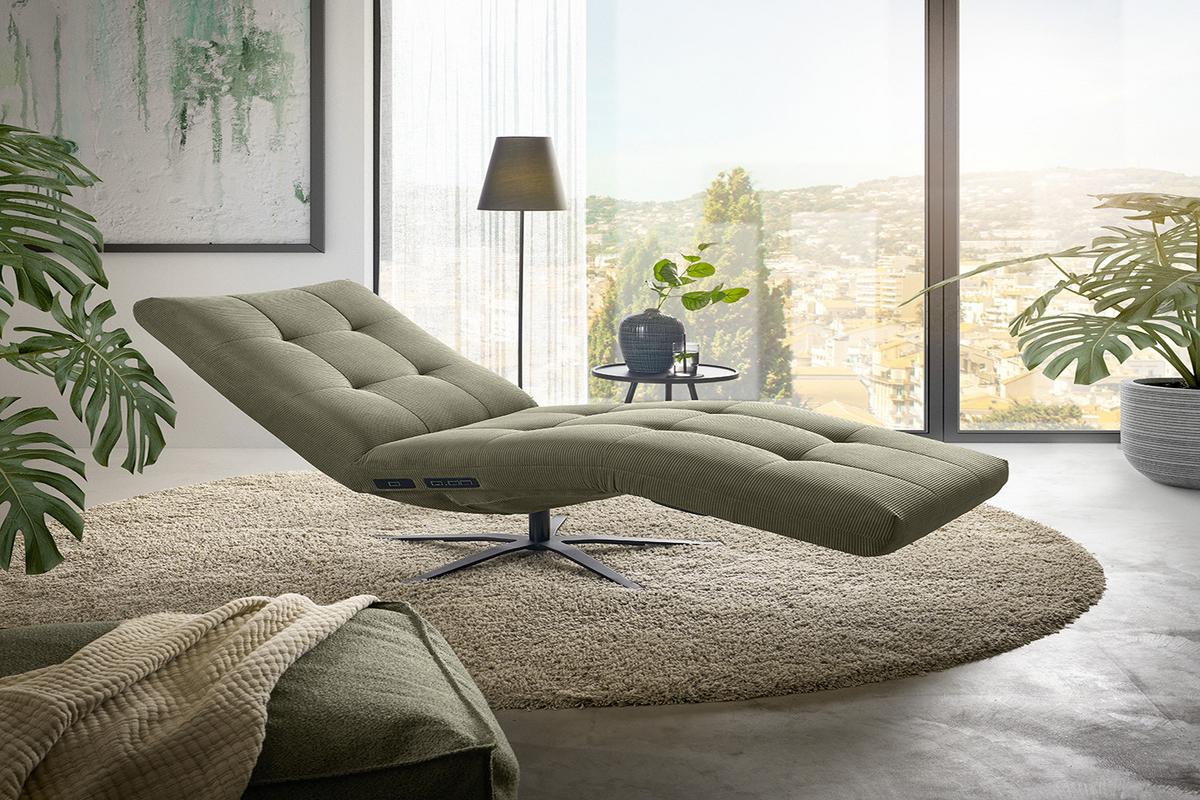 RELAXLIEGE LETICIA Grün Cord Drehbar (360°), Relaxfunktion - Schwarz/Olivgrün, Textil/Metall (82/115/156cm) - KAWOLA