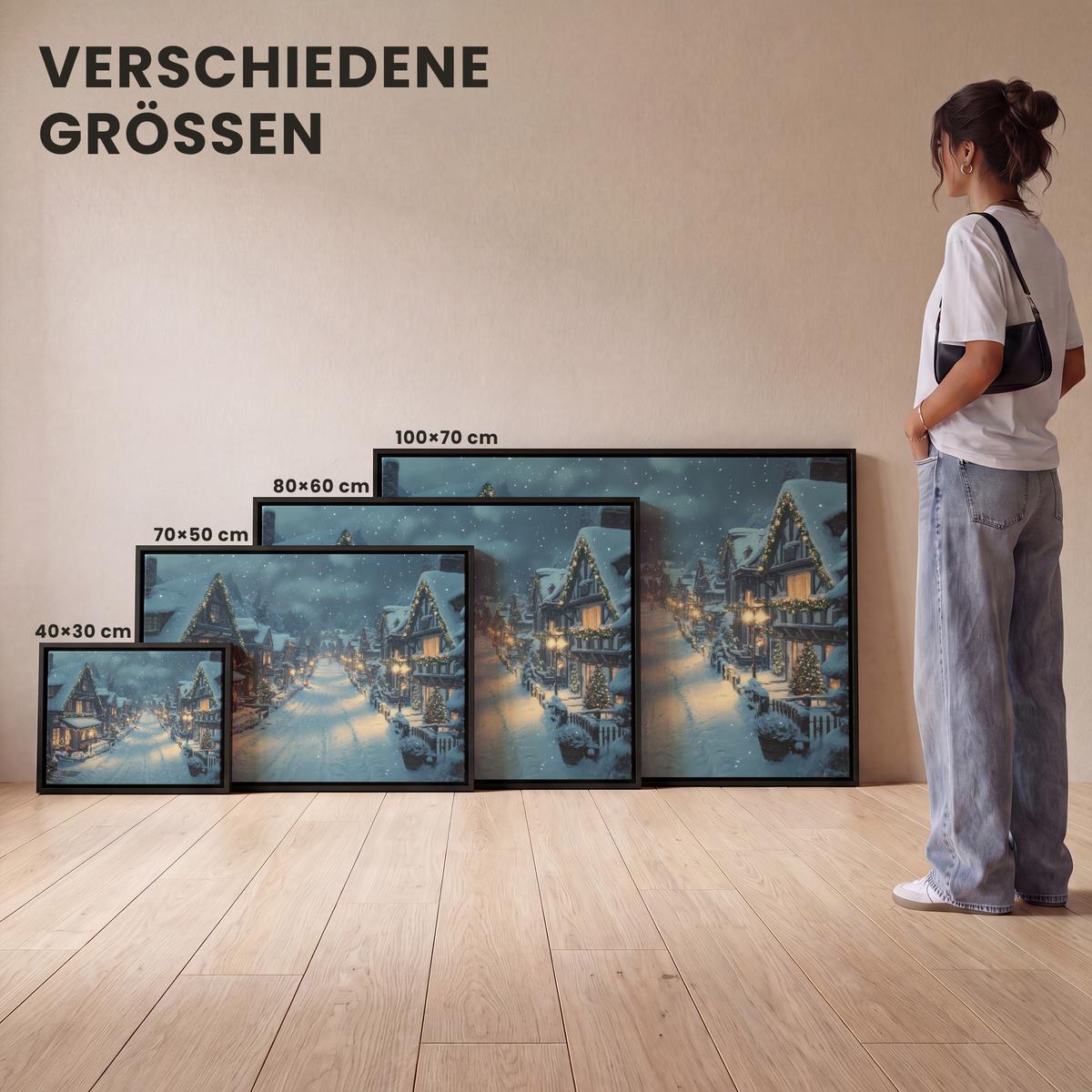 LEINWAND Bilder mit Rahmen - Weihnachtsdorf - Weihnachten - Schnee - Winter - 70x50 - Dunkelblau, Textil (70/50cm) - MuchoWow