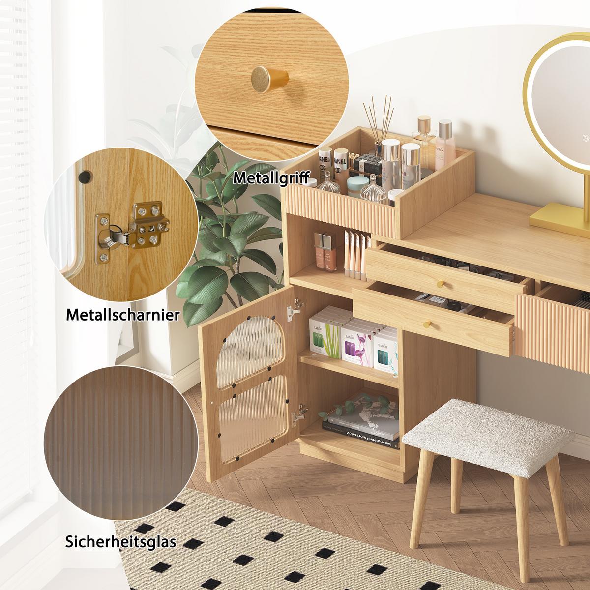 SCHMINKTISCH mit LED-Spiegel – Holzoptik, 3 Schubladen & Seitenschrank - Sonoma Eiche, Holzwerkstoff/Metall (120/90/40cm) - Urban Meuble