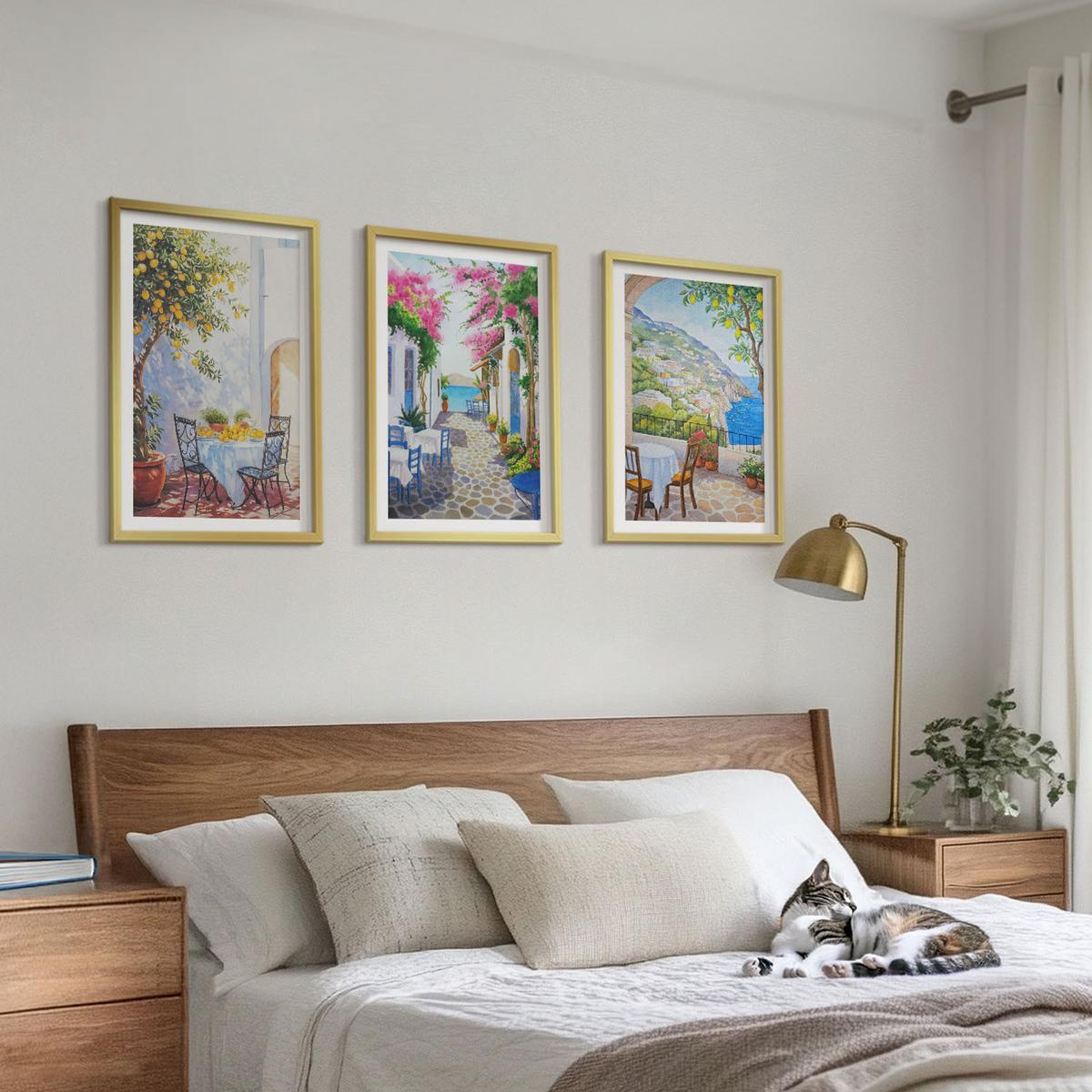 BILDER SET 3er Set - 40x60 cm Goldrahmen - Charmante Straßen, Pflanzen, Meer - Goldfarben, Kunststoff (40/60cm) - TULUP