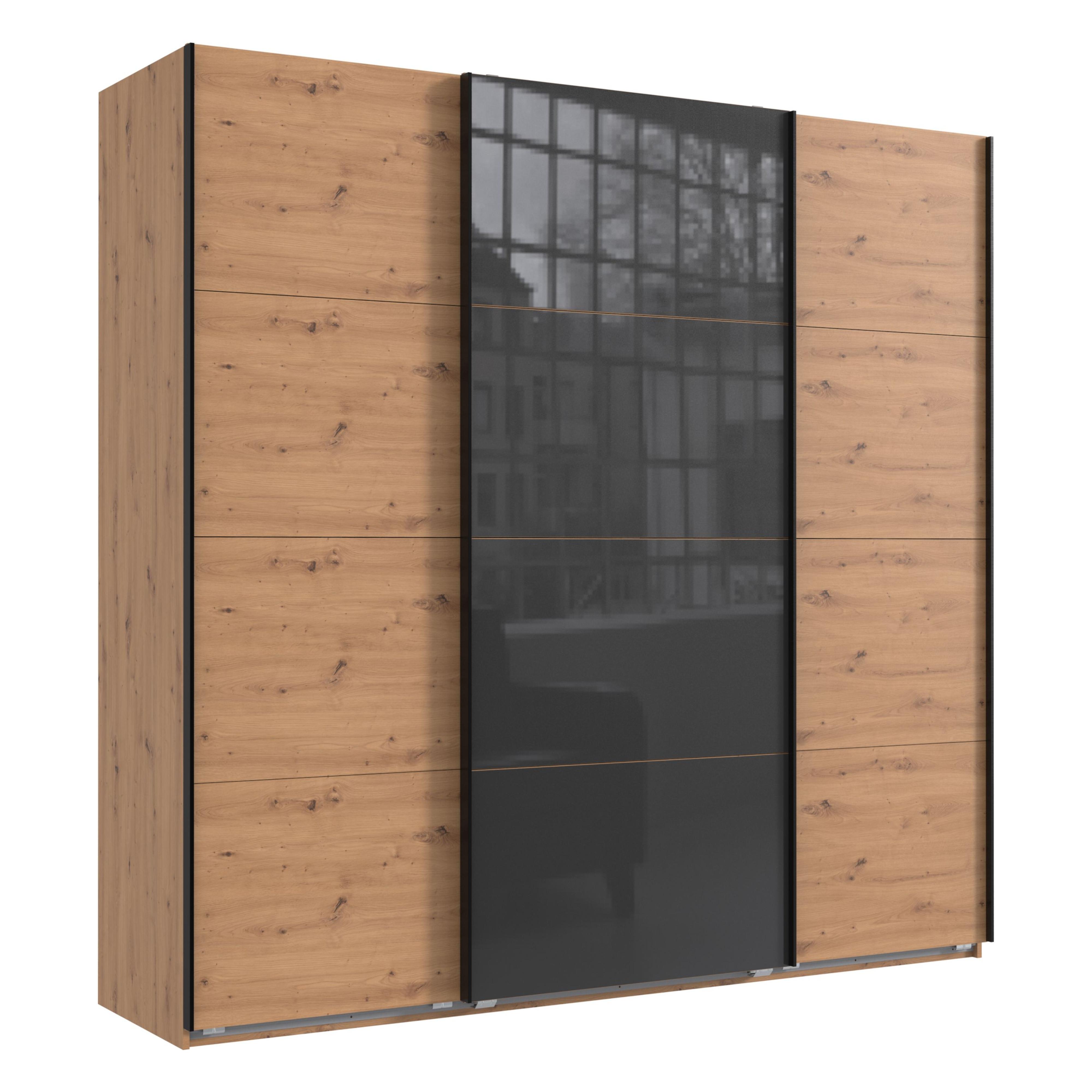 SCHWEBETÜRENSCHRANK 3-türig B225/H236/T64 cm extrahoch in Eiche Artisan Dekor, Kleiderschrank mit einer Glasfront-Tür in Grau / 22545 - Eichefarben/Goldfarben, Holzwerkstoff/Metall (225/236/64cm) - luma-home