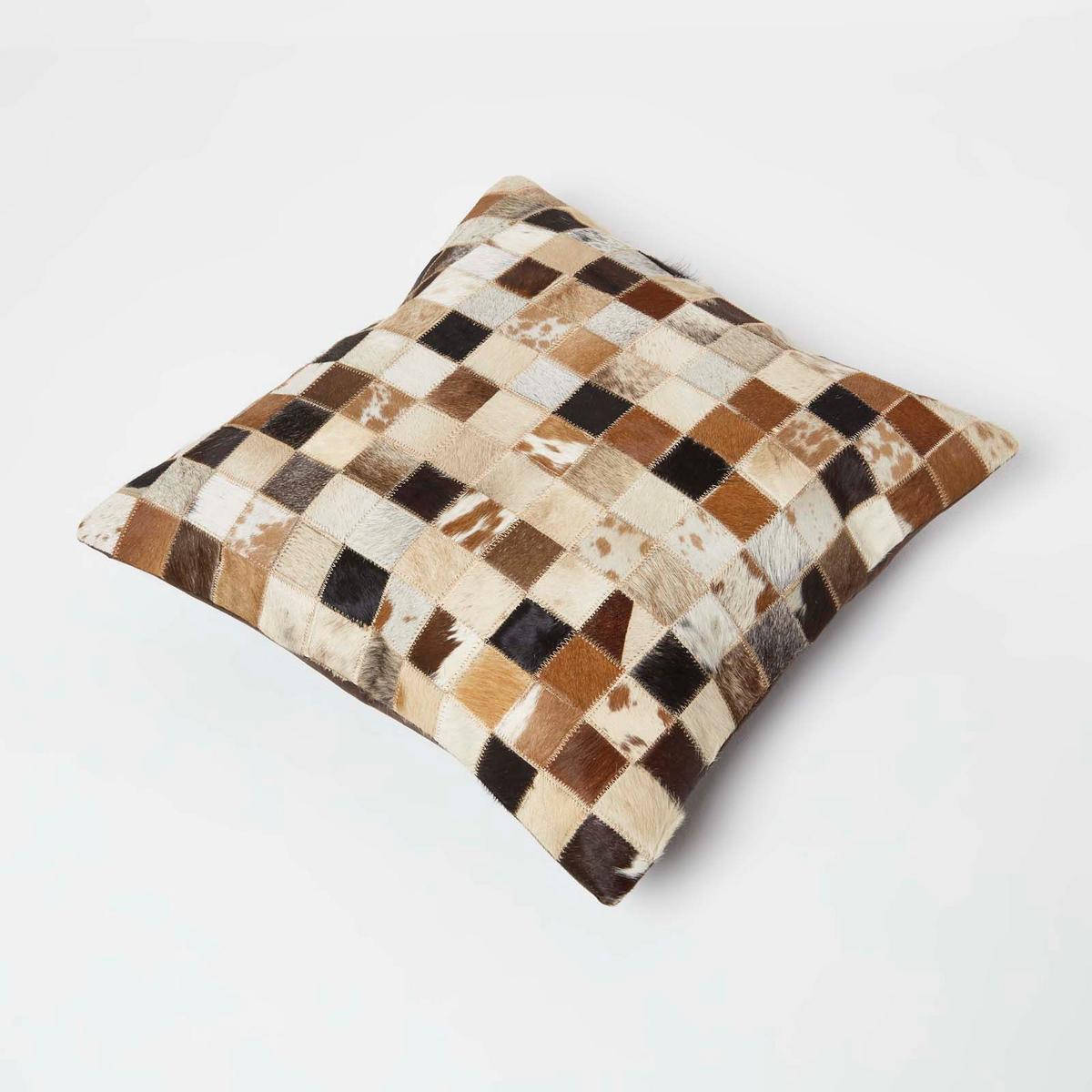 PATCHWORK-KISSEN Fell & Leder 45/45 cm kariert - Multicolor, Leder/Textil (45/45cm) - Homescapes