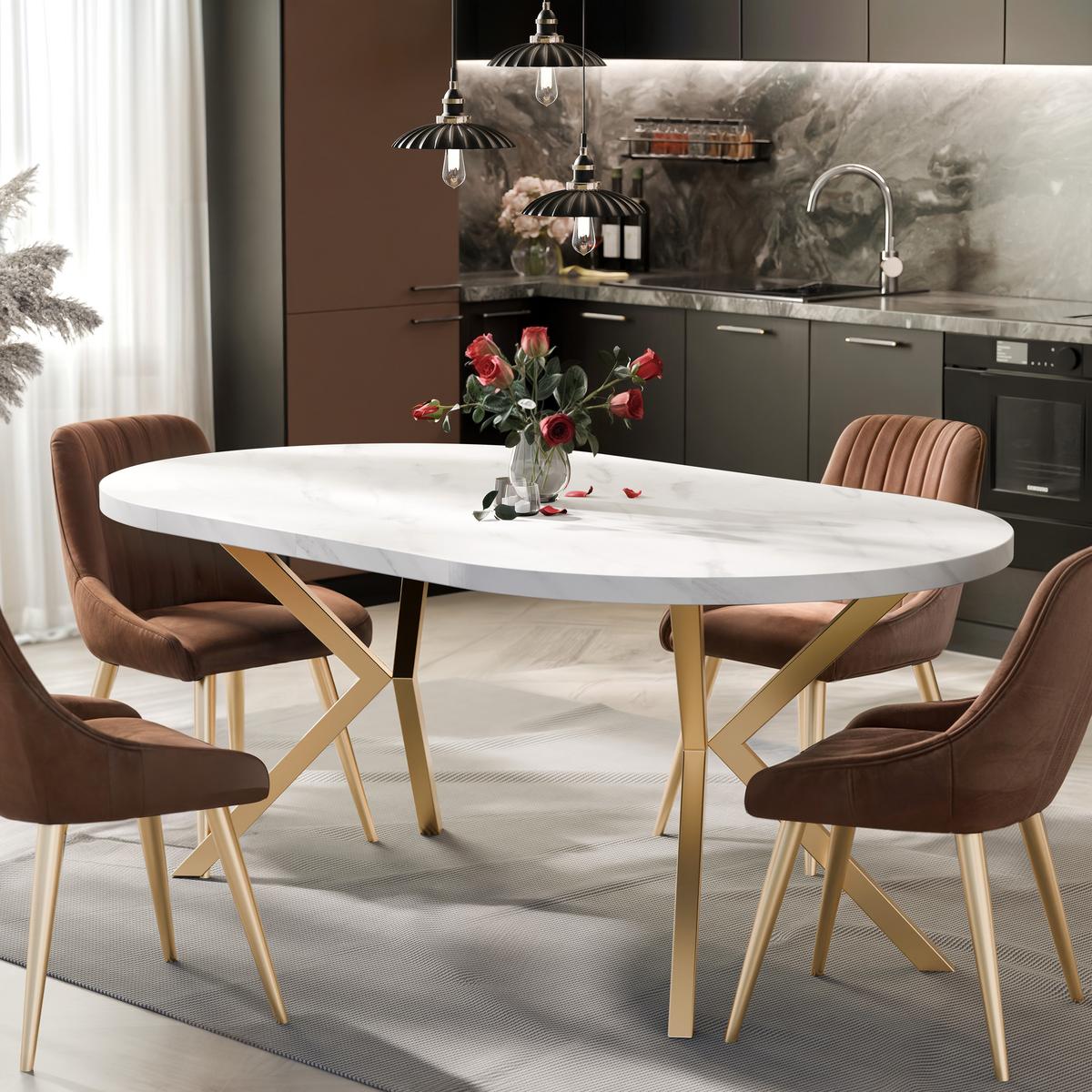 AUSZIEHTISCH MILTON 120-196/76 cm mit Metallgestell, Gold / Bianco Marmor - Perlmutt/Goldfarben, Holzwerkstoff/Metall (120/120/76cm) - Idohome