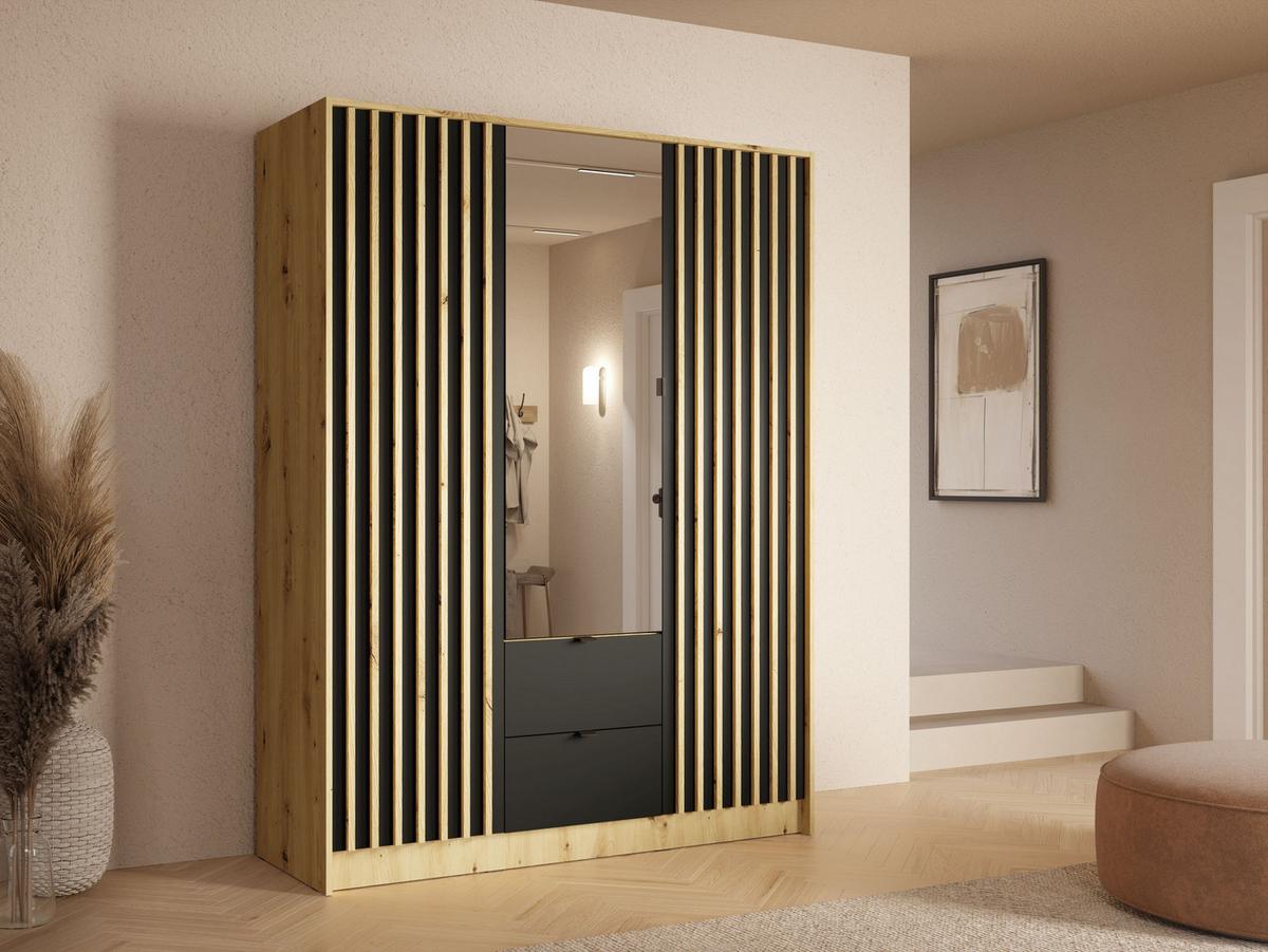 DREHTÜRENSCHRANK SATREN 150,8/200,5/54,5cm 3-türig mit Spiegel Eiche Artisan - Schwarz/Eiche Artisan, Holzwerkstoff (150.8/200.5/54.5cm) - MASSENO