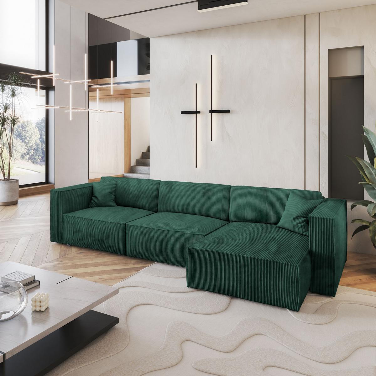 ECKSOFA TOLMO P Grün Kordstoff mit Schlaffunktion - Grau/Grün, Holz/Kunststoff (347/148cm) - MASSENO
