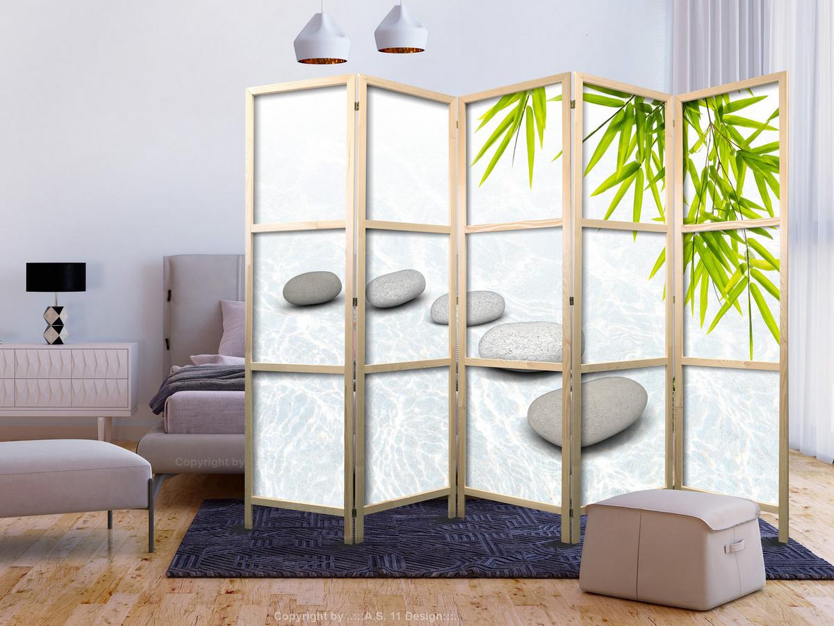 PARAVENT Japanischer 5-tlg 225x172 cm Steine Und Bl tter - Weiß, Holz/Textil (225/172/3cm) - Muralo