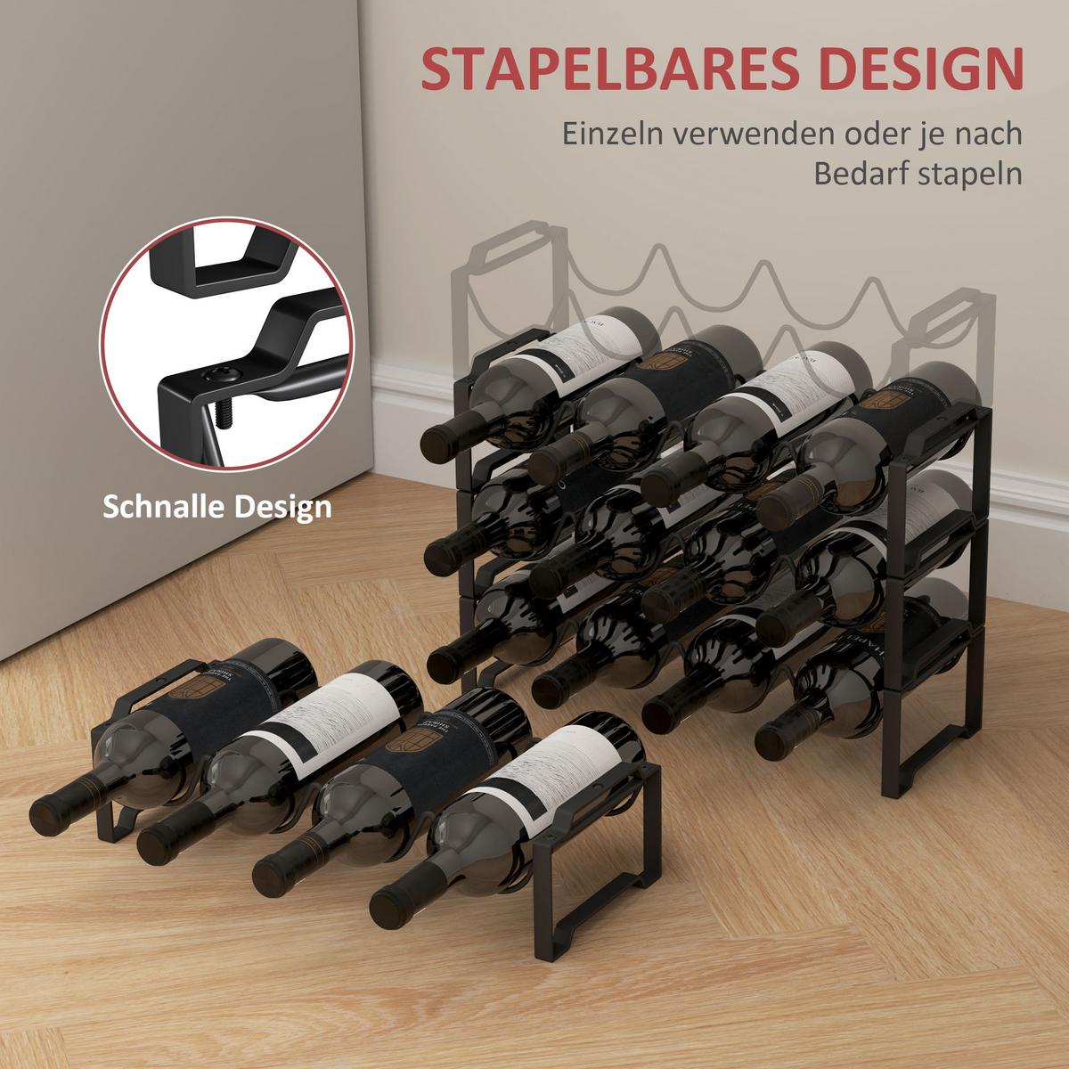 4-STUFIGES Weinregal, freistehendes Regal für 16 Weinflaschen, Metall, Schwarz - Schwarz, Metall (16.5/41/42.5cm) - HOMCOM