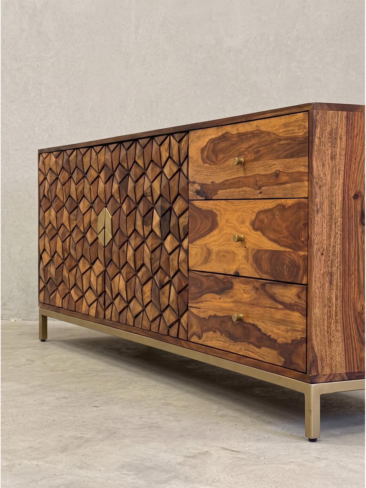 KOMMODE TREVI, Dunkles Massivholz, mit Stauraum, 180 x 40 x 70 cm - Goldfarben/Braun, Holz/Metall (180/70/40cm) - KADIMA DESIGN