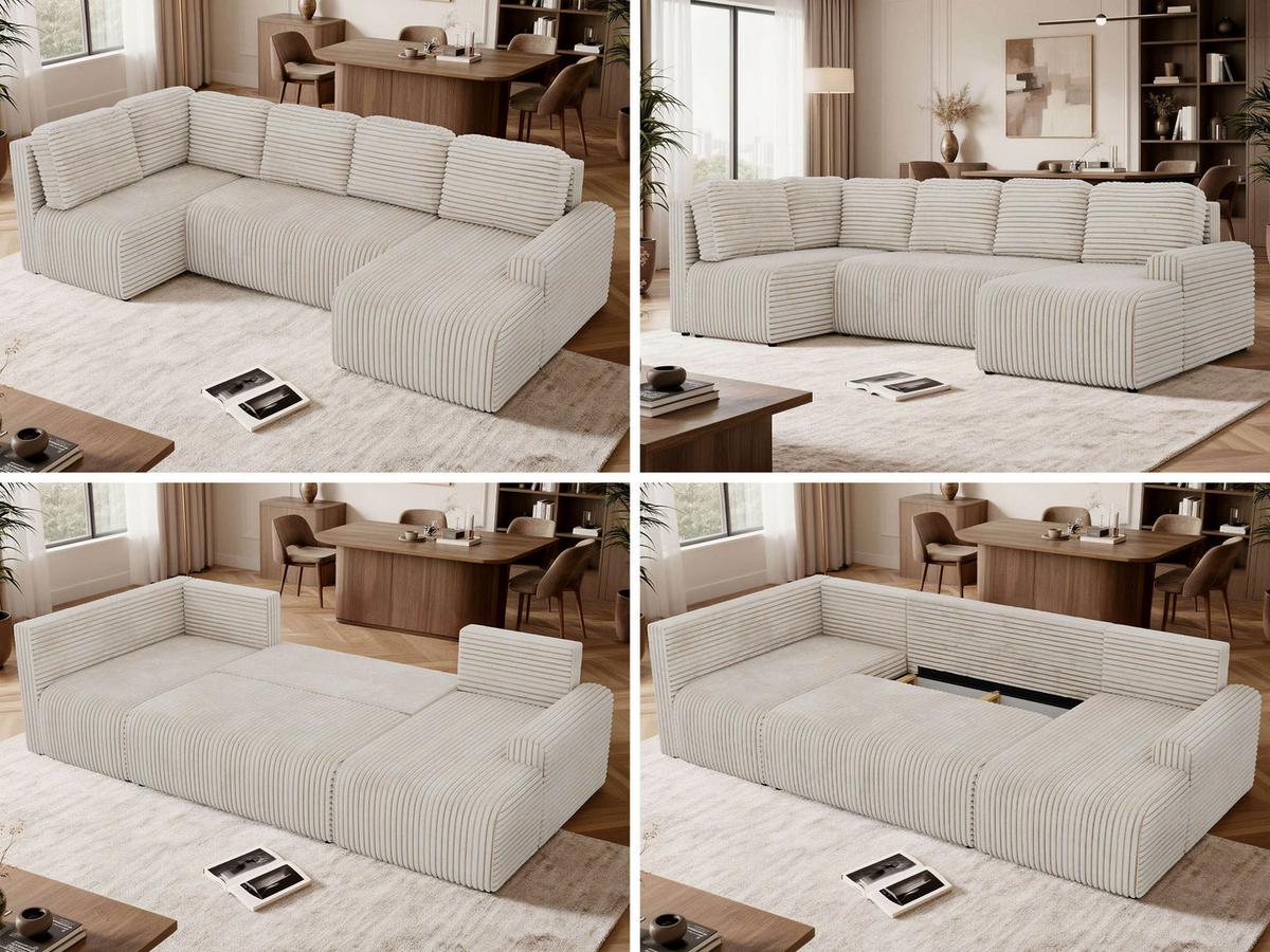 WOHNLANDSCHAFT NESSARO COR U Beige Cord - Links Seite - Beige/Schwarz, Kunststoff/Textil (307/92/151cm) - MKS