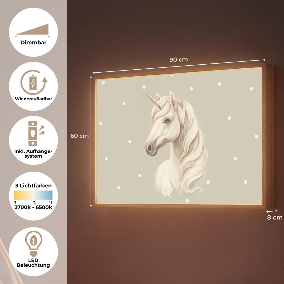 NACHTTISCHLAMPE MIT AKKU Einhorn - Weiß - Punkte 90x60 cm - Taupe, Holzwerkstoff (8/90/60cm) - OnlyWow