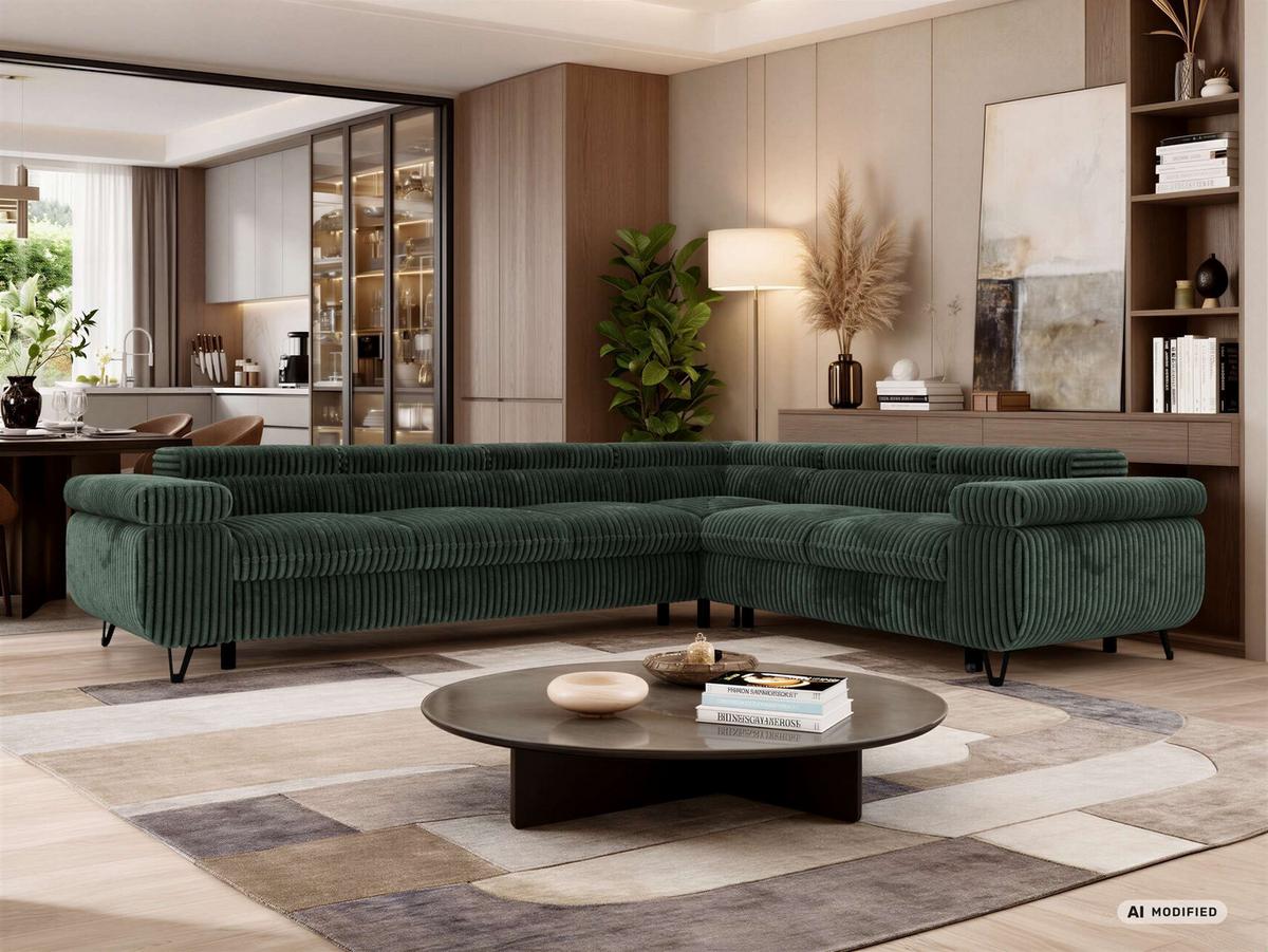 ECKSOFA NORDEN L - Dunkelgrün Cord - Links Seite - Dunkelgrün/Schwarz, Textil/Metall (269/329cm) - MKS