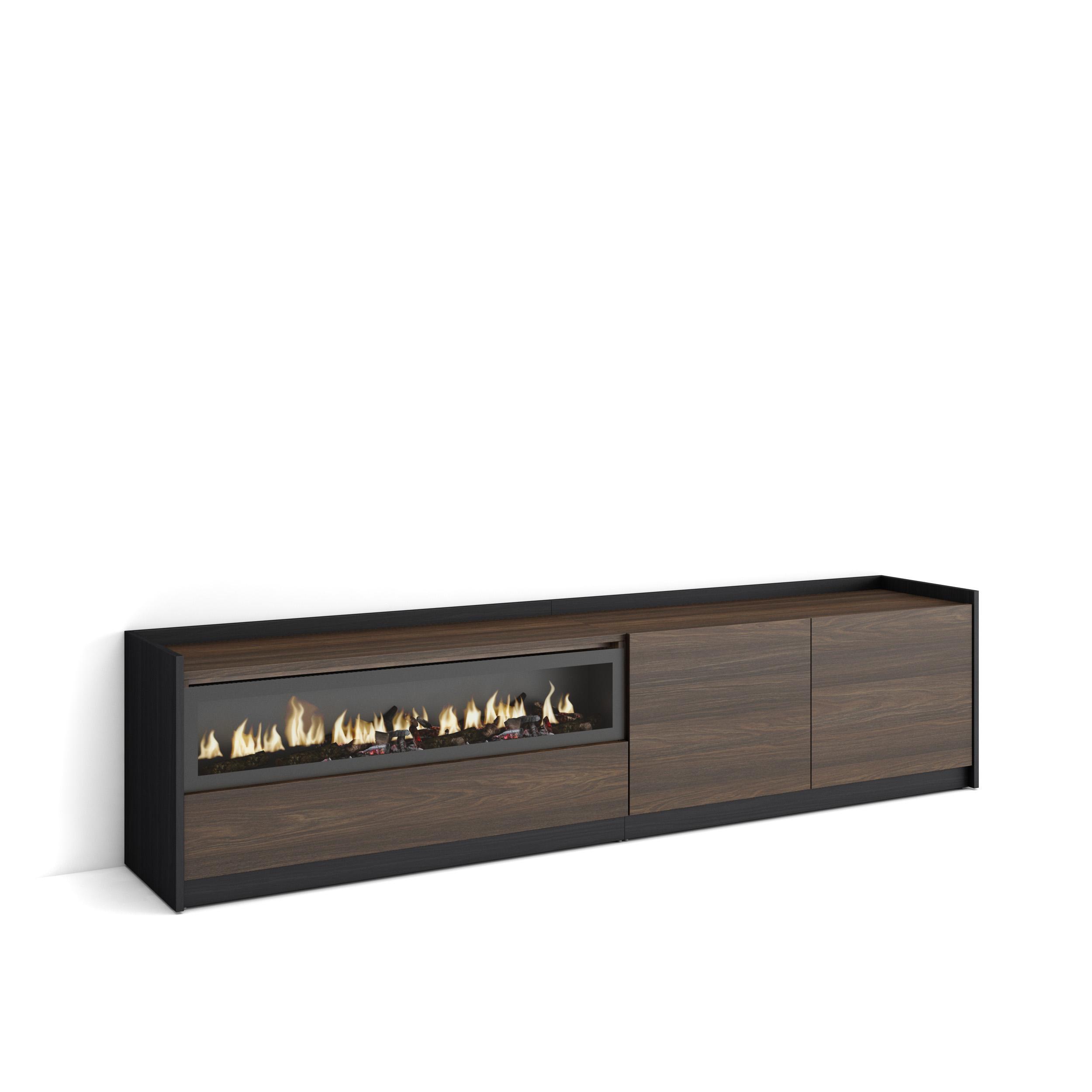 LOWBOARD, Dunkler Eiche und Schwarz, Elektrokamin, 207/37/50cm - Hellbraun, Holzwerkstoff (207/50/37cm) - Skraut Home
