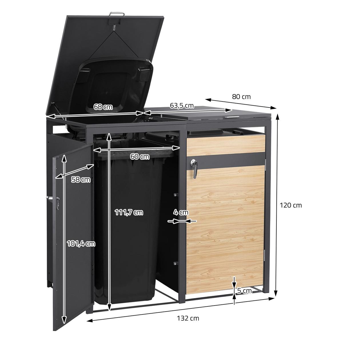 MÜLLTONNENBOX 3er Anthrazit-Holzoptik - Hellbraun, Metall (200/120/80cm) - ML-DESIGN