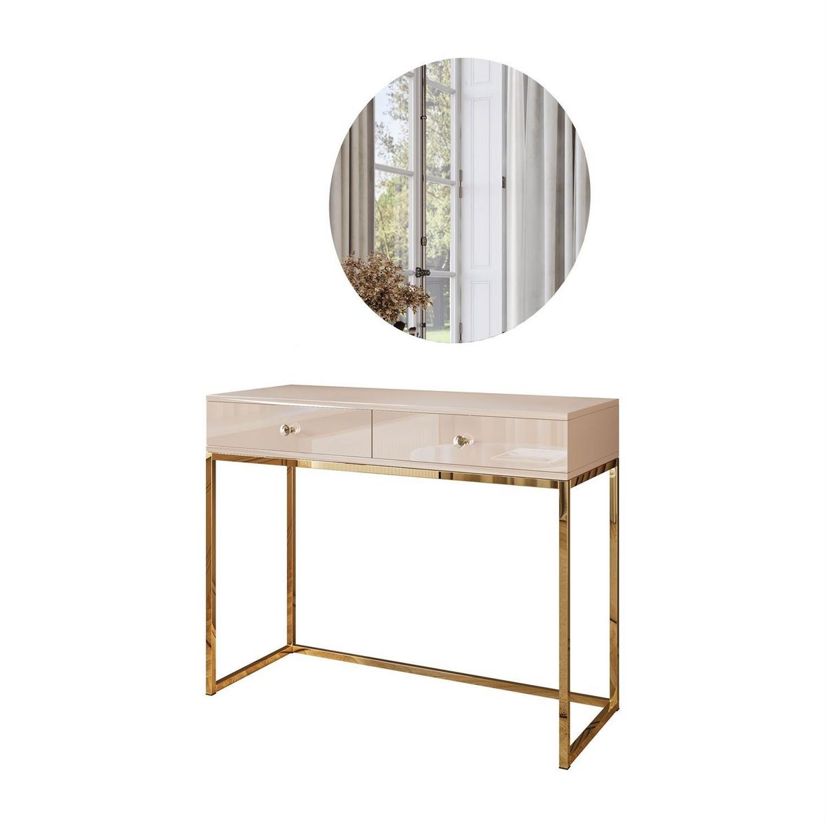SCHMINKTISCH Blanco Glamour auf goldchrom Gestell mit LED-Spiegel Kristallgriff - Kaschmir, Holzwerkstoff (100/81/42cm) - Lookway
