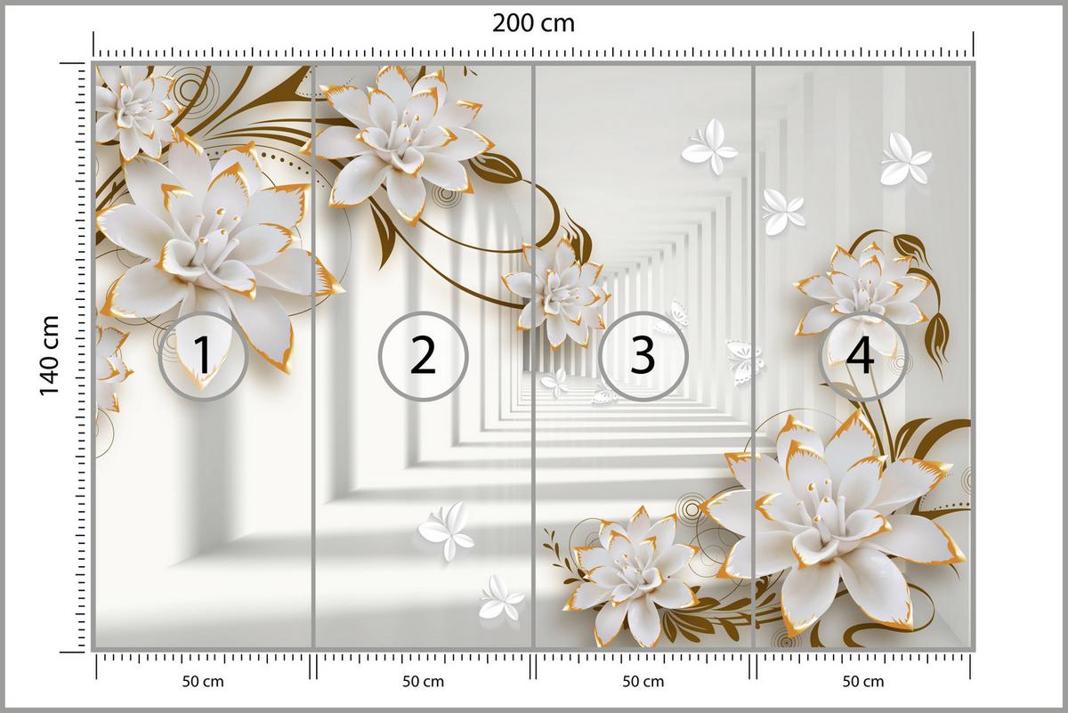 FOTOTAPETE für Wohnzimmer Abstrakter Blumen Tunnel Schmetterlinge 200x140 - Beige/Orange, Papier (200/140cm) - Muralo