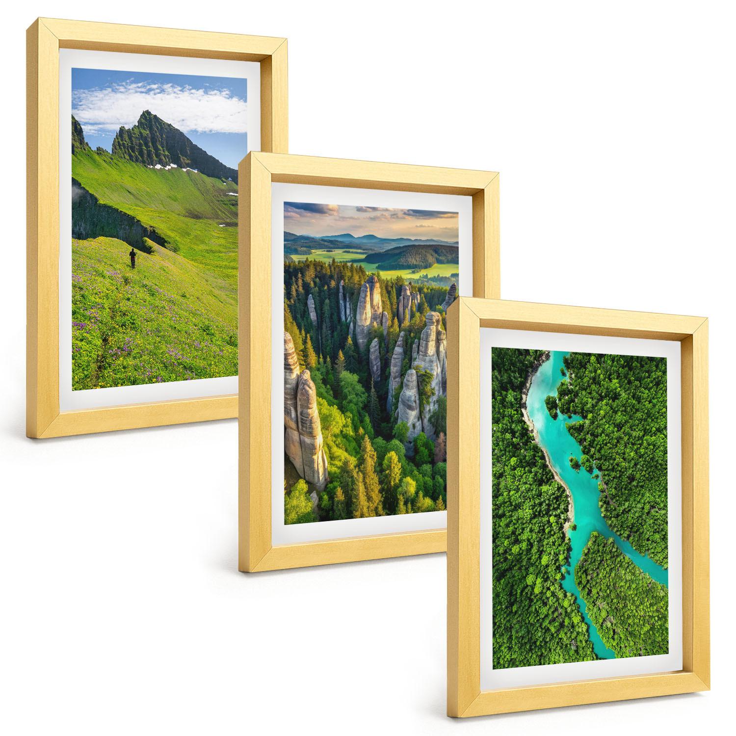 BILDER SET 3er Set - 20x30 cm Goldrahmen - Grüne Berge, Flussfelsen - Goldfarben, Kunststoff (20/30cm) - TULUP