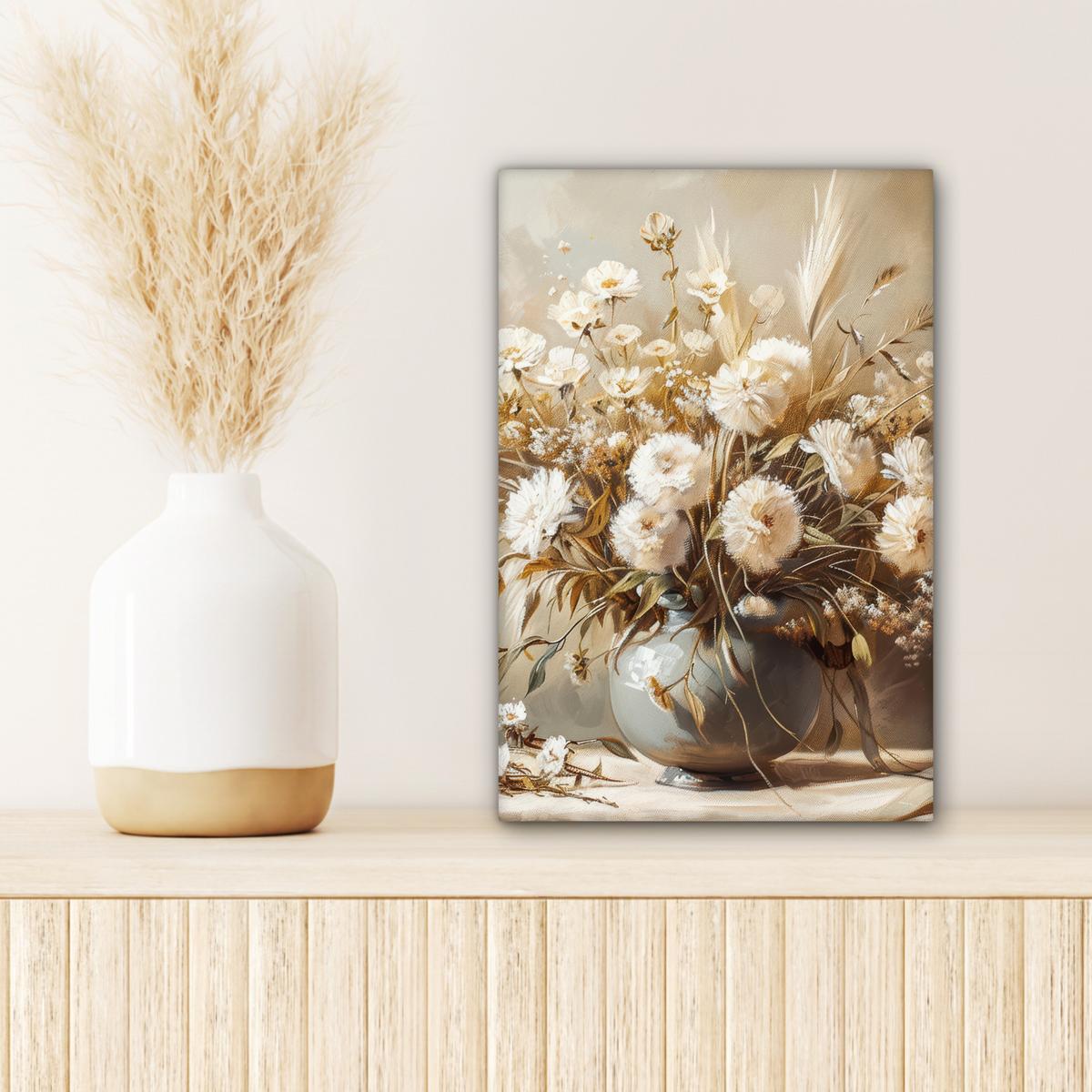 LEINWANDBILD Blumen - Vase - Stilleben - Beige Deko Wohnzimmer 20x30 cm - Creme, Textil (20/30cm) - MuchoWow