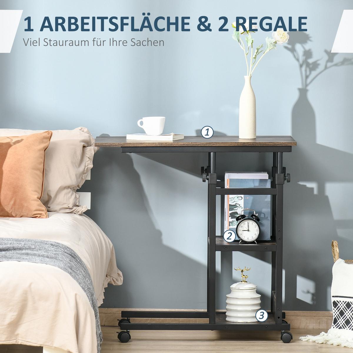 BEISTELLTISCH Couchtisch mit Rollen höhenverstellbar 2 untere Regale Esszimmer - Braun, Kunststoff (80/40/82cm) - HOMCOM