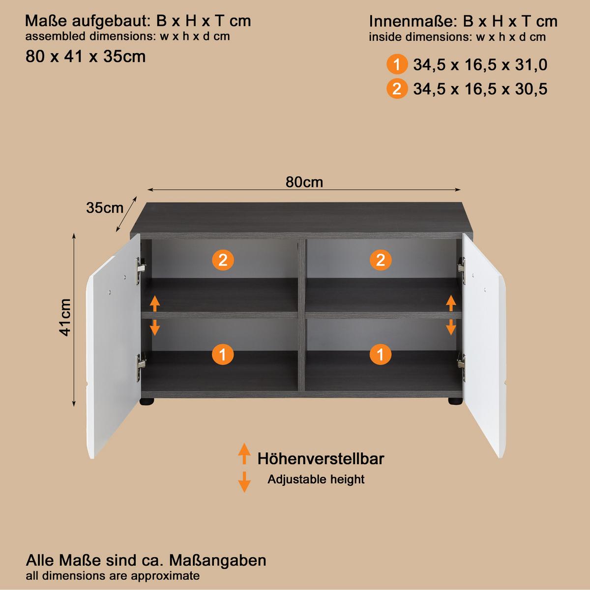 GARDEROBENBANK Hochglanz weiß, Sardegna grau 80 x 41 cm, Schuhbank mit Türen - Weiß Hochglanz/Silberfarben, Holzwerkstoff/Kunststoff (80/35/41cm) - Top.Furn