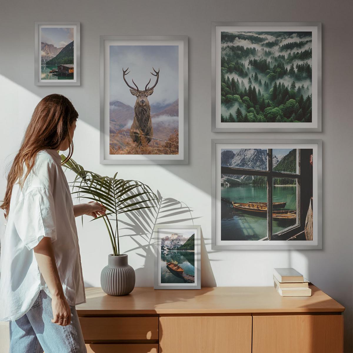 BILDER SET 5er Set - 50x50 cm & 20x30 cm & 40x60 cm Silberner Rahmen - Nebel auf dem Bergsee, Bootsfahrten, Nebel - Silberfarben, Kunststoff (40/60cm) - TULUP