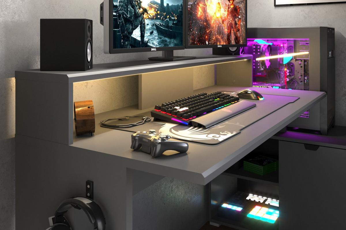 GAMINGTISCH schwarz, grau 229 cm, Gamer Winkelschreibtisch inkl. LED mit Farbwechsel - Schwarz/Grau, Holzwerkstoff/Kunststoff (60/229/95cm) - Parisot Meuble