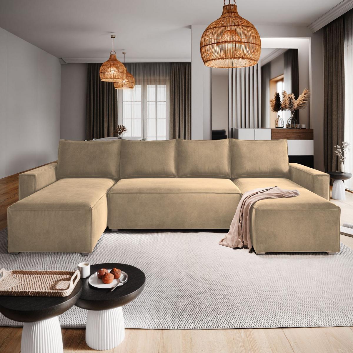 WOHNLANDSCHAFT DENI Creme Velours-Stoff mit Schlaffunktion - Creme/Grau, Holz/Kunststoff (295/85/140cm) - MASSENO