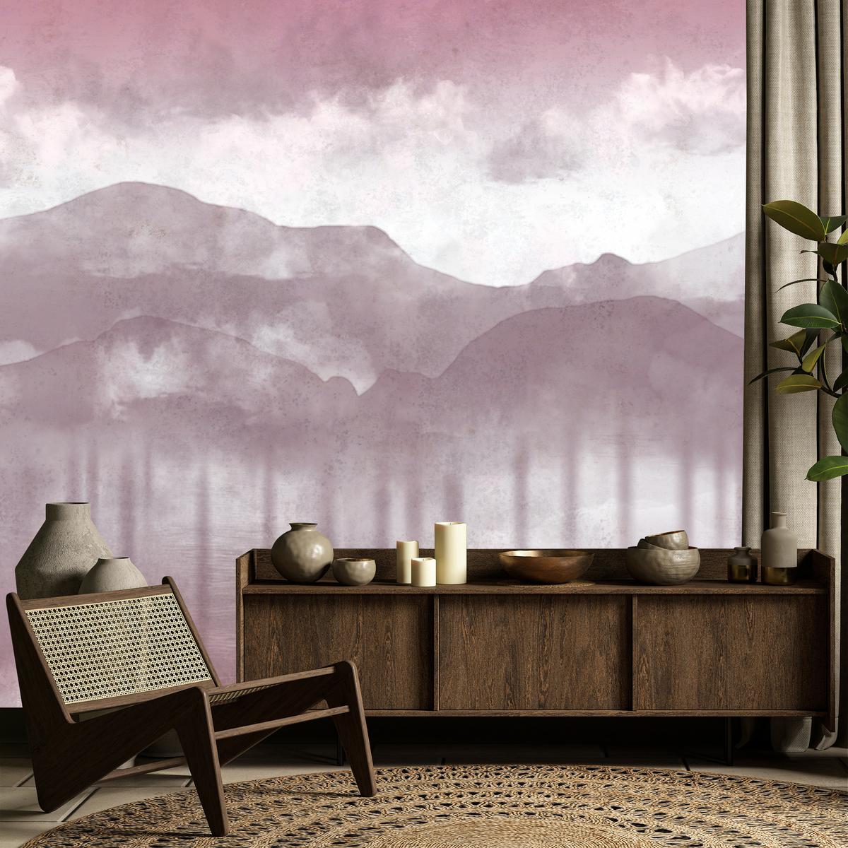 FOTOTAPETE Neblige violette Landschaft Berge 450x315 - Violett/Rosa, Papier (450/315cm) - Muralo