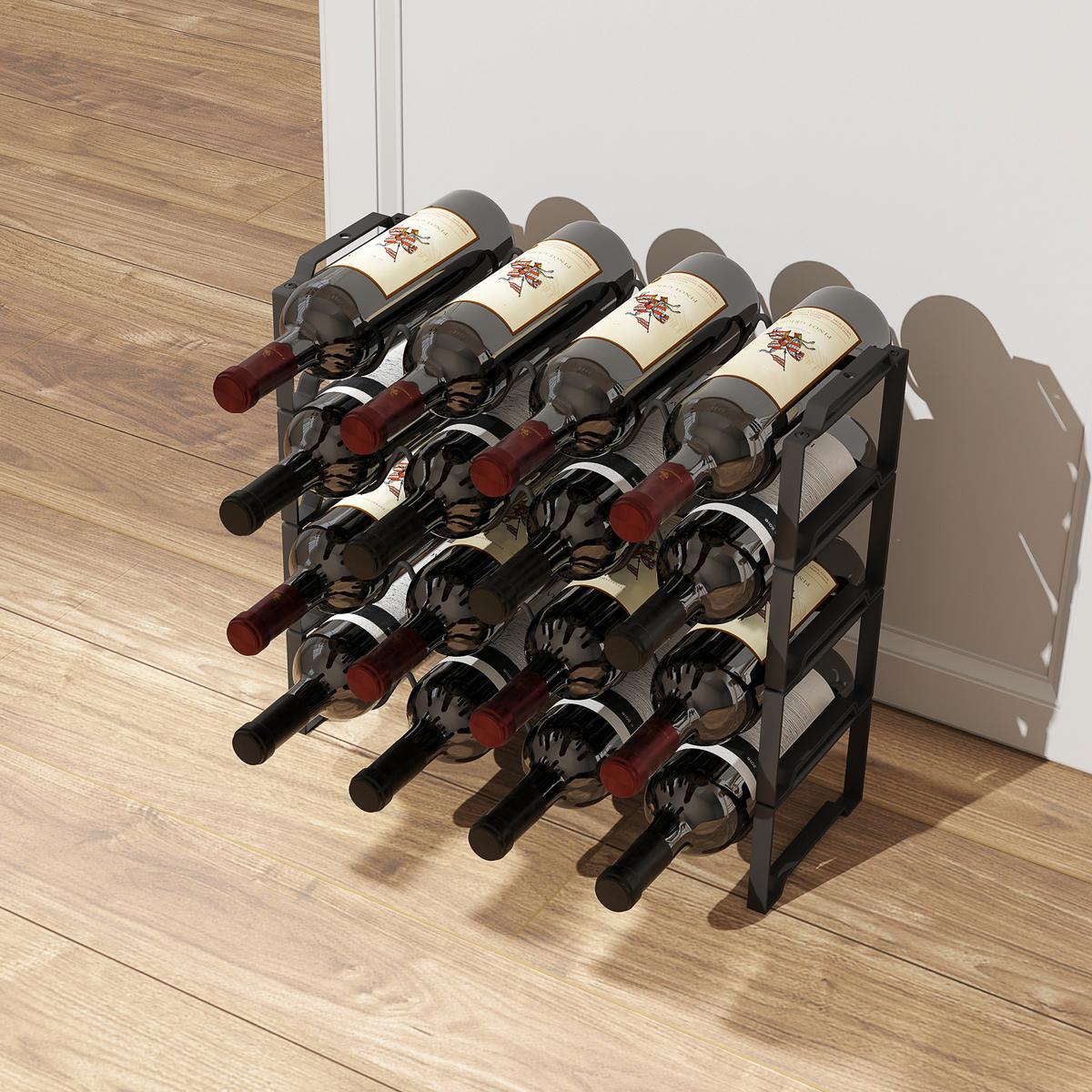 4-STUFIGES Weinregal, freistehendes Regal für 16 Weinflaschen, Metall, Schwarz - Schwarz, Metall (16.5/41/42.5cm) - HOMCOM