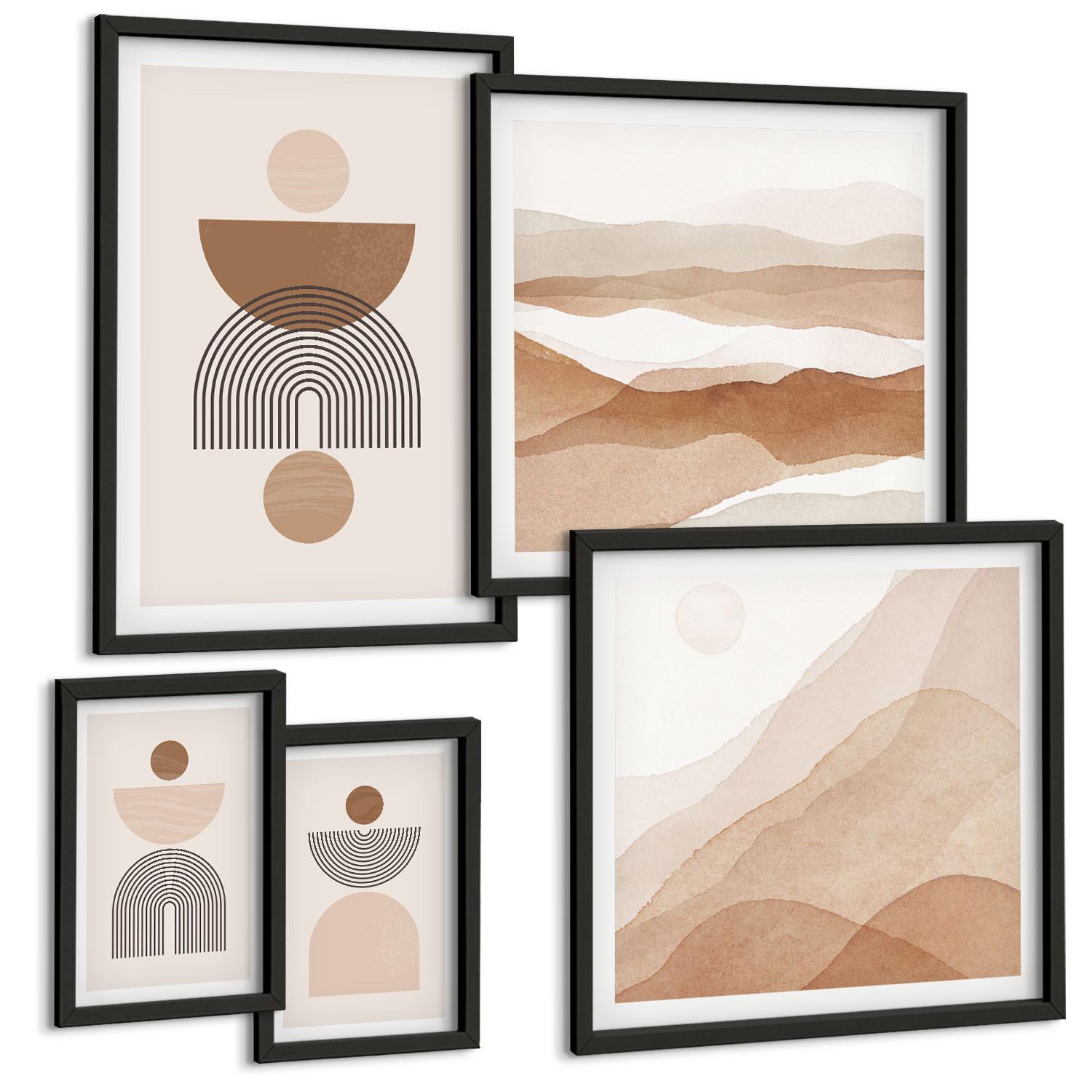 BILDER SET 5er Set - 50x50 cm & 20x30 cm & 40x60 cm Schwarzer Rahmen - Abstraktes Boho-Design - Schwarz, Kunststoff (40/60cm) - TULUP